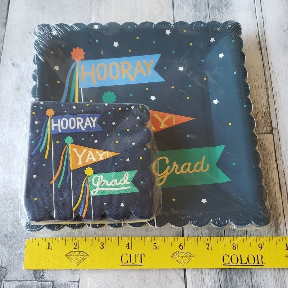 NWT - Hooray Yay Grad Graduation Dark Blue Paper Plates (12) & Napkins Set of 32